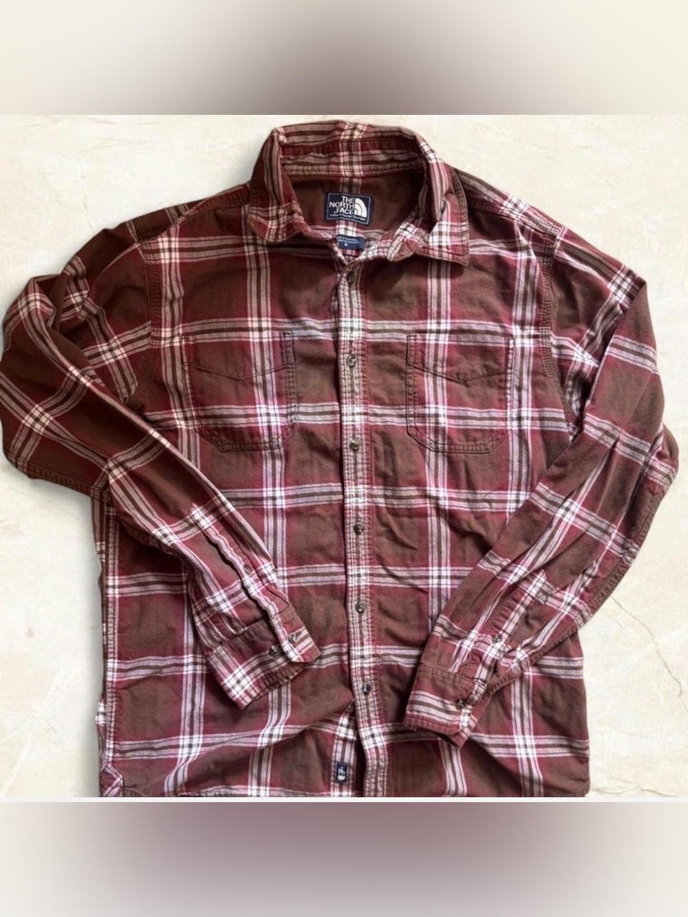 The North Face Men's Brown Plaid Button-Down Shirt with Red & White Stripes
